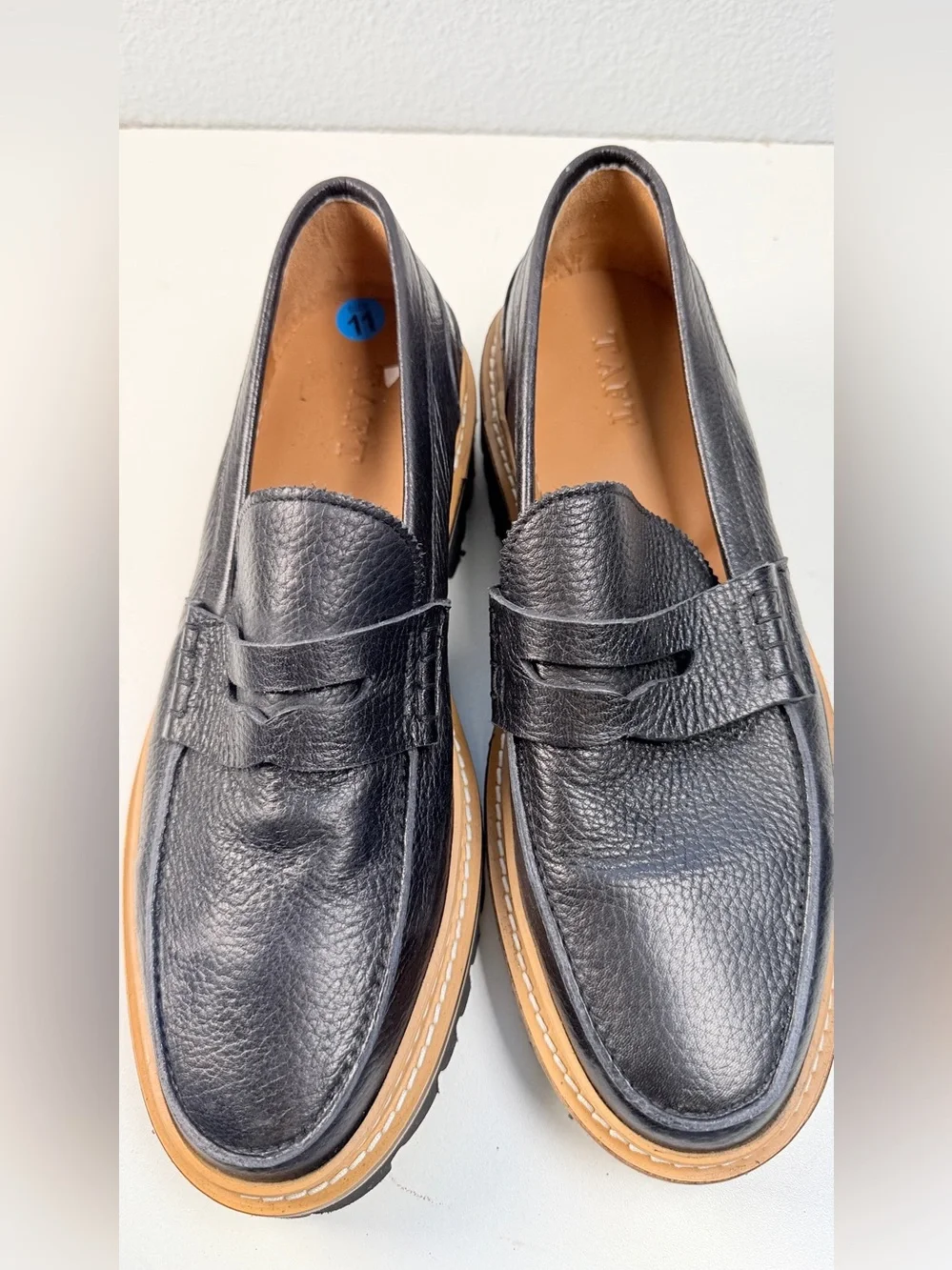 TAFT Mens Black Leather Penny Loafers Size 11 Chunky Lug Sole Made in Spain